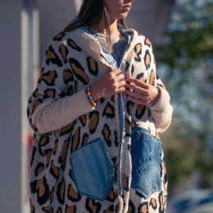 Oversized leopard print knit cardigan with denim patch pockets