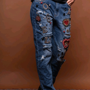 Women's jeans with artistic detail.