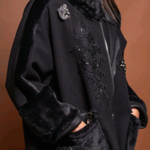 Long black coat with faux fur trims