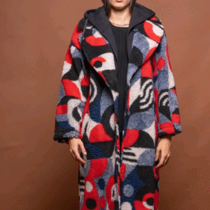 Oversized teddy coat with bold geometric pattern