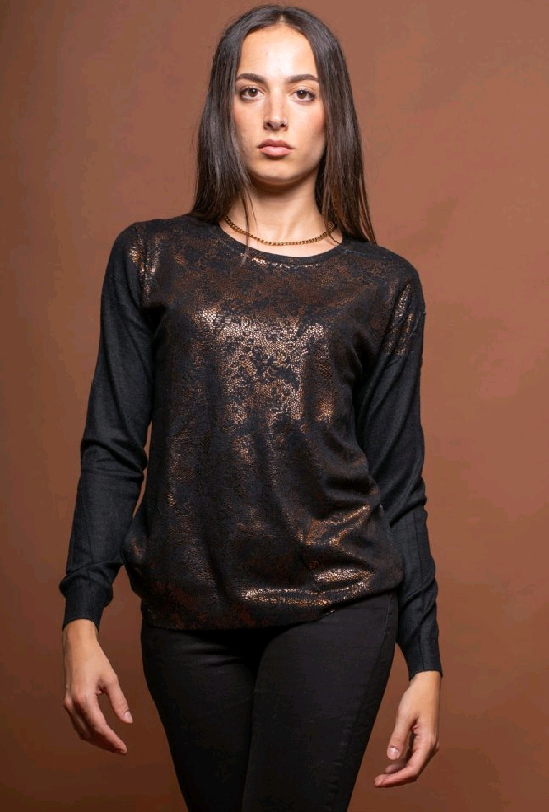 Black sweater with metallic bronze pattern detail