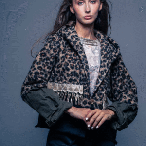 Leopard print jacket with decorative lace trim