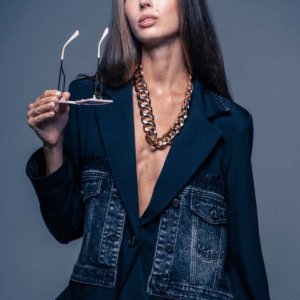 Black blazer with denim detail