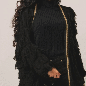 Black knitted cardigan with fringe and gold chain detail