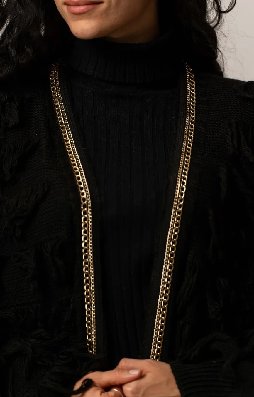 Black knitted cardigan with fringe and gold chain detail - Image 2