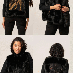 Black faux fur vest with embroidered lion or panther design