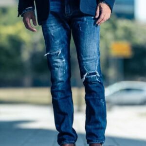 Distressed denim jeans