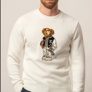 White knit sweater with teddy bear motif
