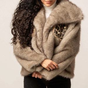 Faux fur coat with animal print pockets